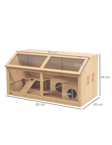 PawHut Hamster Cage, Wooden Small Animal Cage for Gerbils, Mice w/ Suspension Bridge, Openable Top, Hut, 85 x 45 x 44cm Nature