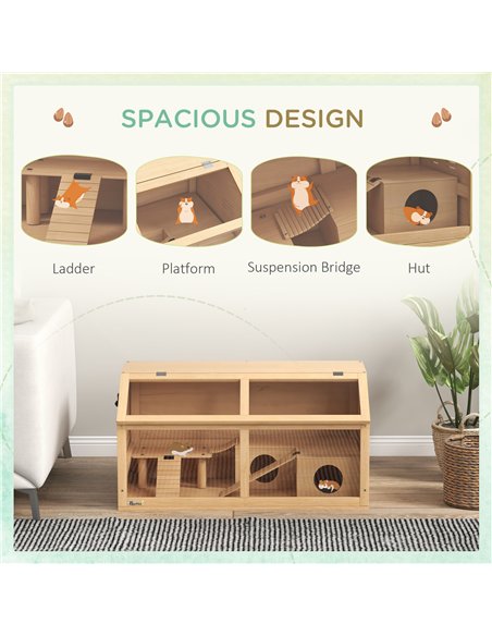 PawHut Hamster Cage, Wooden Small Animal Cage for Gerbils, Mice w/ Suspension Bridge, Openable Top, Hut, 85 x 45 x 44cm Nature - pic 158706 | FastDaddyshop