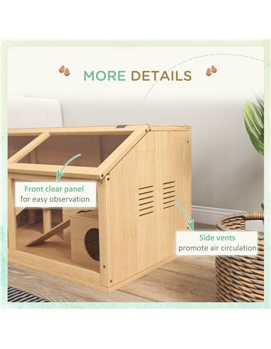 PawHut Hamster Cage, Wooden Small Animal Cage for Gerbils, Mice w/ Suspension Bridge, Openable Top, Hut, 85 x 45 x 44cm Nature