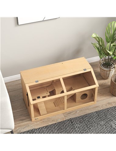 PawHut Hamster Cage, Wooden Small Animal Cage for Gerbils, Mice w/ Suspension Bridge, Openable Top, Hut, 85 x 45 x 44cm Nature
