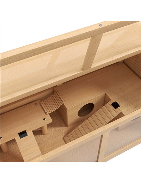PawHut Hamster Cage, Wooden Small Animal Cage for Gerbils, Mice w/ Suspension Bridge, Openable Top, Hut, 85 x 45 x 44cm Nature - pic 158710 | FastDaddyshop