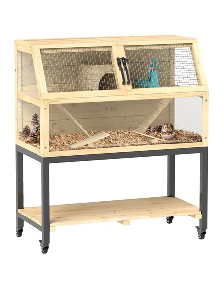 PawHut Wooden Hamster Cage with Storage Shelf, Wheels, Ramps, Water Bottle, Hut, Seesaws - pic 158712 | FastDaddyshop