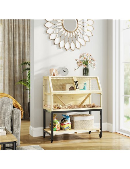 PawHut Wooden Hamster Cage with Storage Shelf, Wheels, Ramps, Water Bottle, Hut, Seesaws - pic 158713 | FastDaddyshop