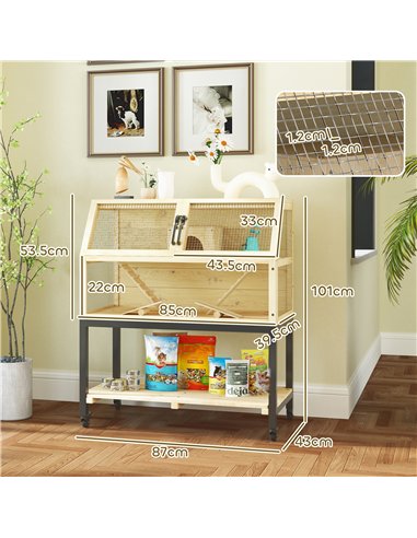 PawHut Wooden Hamster Cage with Storage Shelf, Wheels, Ramps, Water Bottle, Hut, Seesaws
