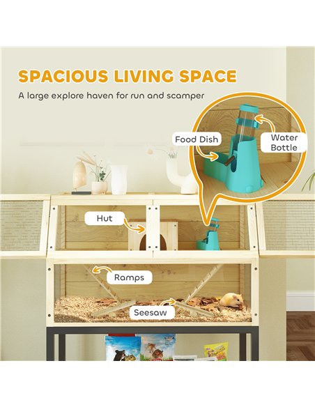 PawHut Wooden Hamster Cage with Storage Shelf, Wheels, Ramps, Water Bottle, Hut, Seesaws - pic 158715 | FastDaddyshop