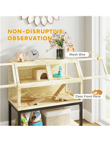 PawHut Wooden Hamster Cage with Storage Shelf, Wheels, Ramps, Water Bottle, Hut, Seesaws
