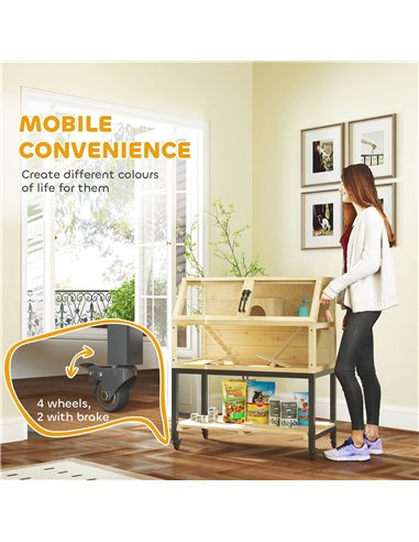 PawHut Wooden Hamster Cage with Storage Shelf, Wheels, Ramps, Water Bottle, Hut, Seesaws