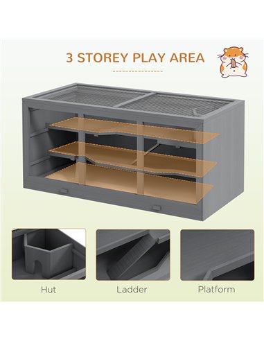 PawHut Wooden Hamster Cage, Small Animals Hutch with Tray, Openable Top, Exercise Play House Pen, 115L x 57W x 55Hcm, Grey