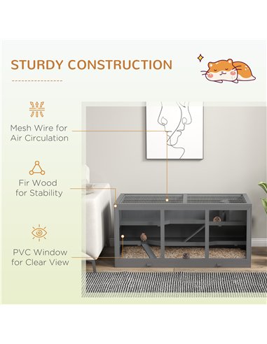 PawHut Wooden Hamster Cage, Small Animals Hutch with Tray, Openable Top, Exercise Play House Pen, 115L x 57W x 55Hcm, Grey