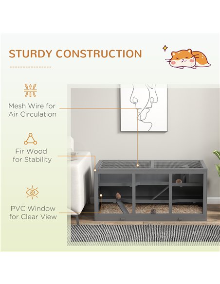 PawHut Wooden Hamster Cage, Small Animals Hutch with Tray, Openable Top, Exercise Play House Pen, 115L x 57W x 55Hcm, Grey - pic 158726 | FastDaddyshop