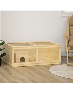 PawHut Wooden Hamster Cage with Sliding Tray, Openable Top, Hut for Syrian Hamster, Natural Wood Finish 2