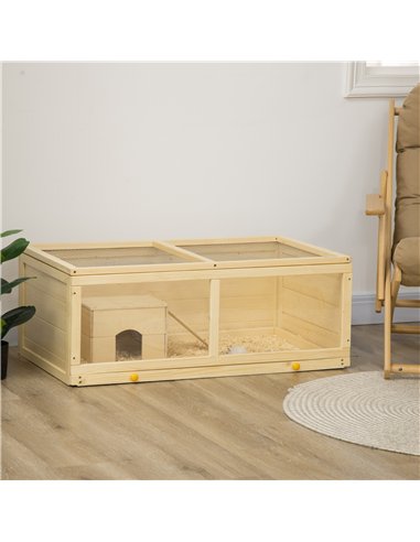 PawHut Wooden Hamster Cage with Sliding Tray, Openable Top, Hut for Syrian Hamster, Natural Wood Finish