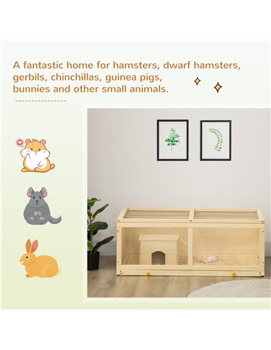 PawHut Wooden Hamster Cage with Sliding Tray, Openable Top, Hut for Syrian Hamster, Natural Wood Finish