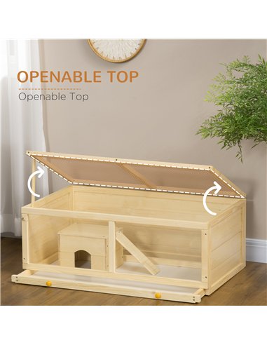 PawHut Wooden Hamster Cage with Sliding Tray, Openable Top, Hut for Syrian Hamster, Natural Wood Finish