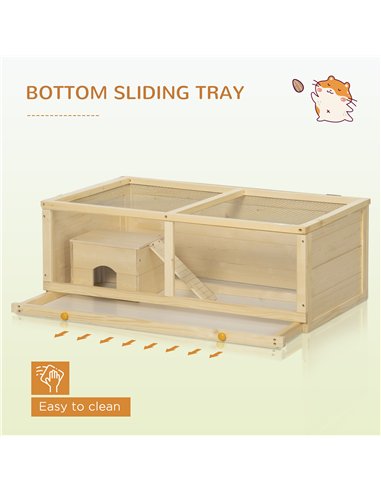 PawHut Wooden Hamster Cage with Sliding Tray, Openable Top, Hut for Syrian Hamster, Natural Wood Finish