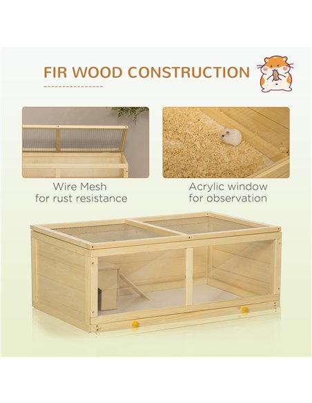 PawHut Wooden Hamster Cage with Sliding Tray, Openable Top, Hut for Syrian Hamster, Natural Wood Finish - pic 158736 | FastDaddyshop