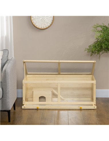 PawHut Wooden Hamster Cage with Sliding Tray, Openable Top, Hut for Syrian Hamster, Natural Wood Finish
