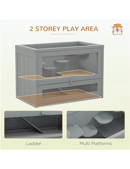 PawHut Wooden Hamster Cage Mouse Mice Rodent Small Animals Hutch Exercise Play House 60 x 35 x 42cm, Grey - pic 158742 | FastDaddyshop