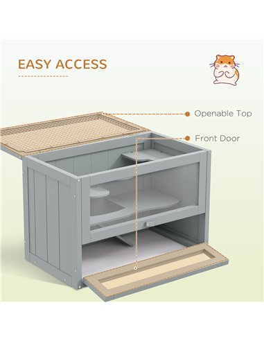 PawHut Wooden Hamster Cage Mouse Mice Rodent Small Animals Hutch Exercise Play House 60 x 35 x 42cm, Grey
