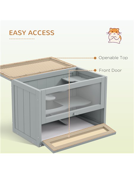 PawHut Wooden Hamster Cage Mouse Mice Rodent Small Animals Hutch Exercise Play House 60 x 35 x 42cm, Grey - pic 158743 | FastDaddyshop