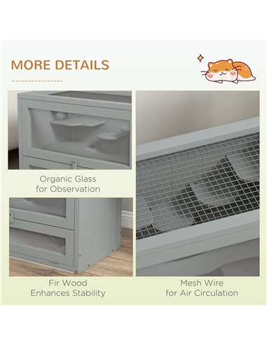 PawHut Wooden Hamster Cage Mouse Mice Rodent Small Animals Hutch Exercise Play House 60 x 35 x 42cm, Grey