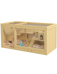 PawHut Wooden Hamster Cage with Water Bottle, Platforms, Openable Roof, Sliding Tray, Hut, Seesaws, Natural Wood Finish