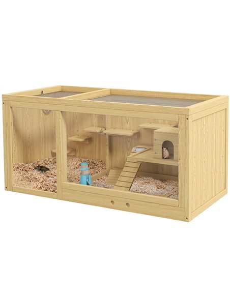 PawHut Wooden Hamster Cage with Water Bottle, Platforms, Openable Roof, Sliding Tray, Hut, Seesaws, Natural Wood Finish - pic 158748 | FastDaddyshop