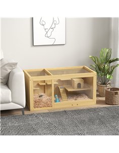 PawHut Wooden Hamster Cage with Water Bottle, Platforms, Openable Roof, Sliding Tray, Hut, Seesaws, Natural Wood Finish 2
