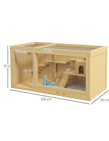 PawHut Wooden Hamster Cage with Water Bottle, Platforms, Openable Roof, Sliding Tray, Hut, Seesaws, Natural Wood Finish