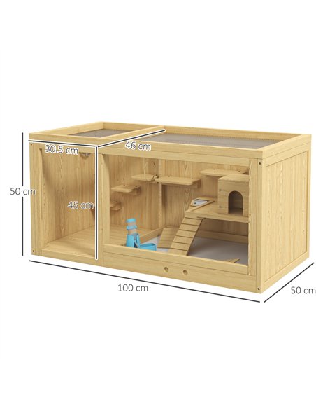 PawHut Wooden Hamster Cage with Water Bottle, Platforms, Openable Roof, Sliding Tray, Hut, Seesaws, Natural Wood Finish - pic 158750 | FastDaddyshop
