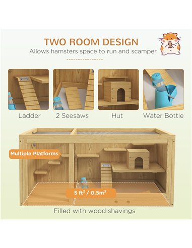 PawHut Wooden Hamster Cage with Water Bottle, Platforms, Openable Roof, Sliding Tray, Hut, Seesaws, Natural Wood Finish