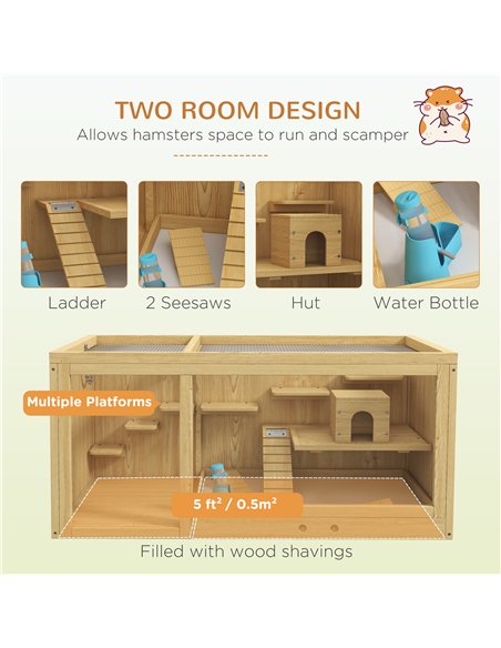 PawHut Wooden Hamster Cage with Water Bottle, Platforms, Openable Roof, Sliding Tray, Hut, Seesaws, Natural Wood Finish - pic 158751 | FastDaddyshop