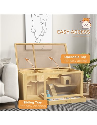 PawHut Wooden Hamster Cage with Water Bottle, Platforms, Openable Roof, Sliding Tray, Hut, Seesaws, Natural Wood Finish