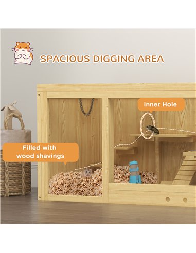 PawHut Wooden Hamster Cage with Water Bottle, Platforms, Openable Roof, Sliding Tray, Hut, Seesaws, Natural Wood Finish