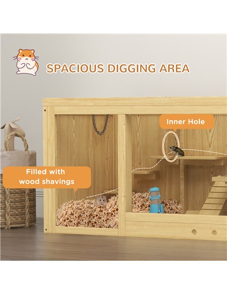 PawHut Wooden Hamster Cage with Water Bottle, Platforms, Openable Roof, Sliding Tray, Hut, Seesaws, Natural Wood Finish - pic 158753 | FastDaddyshop
