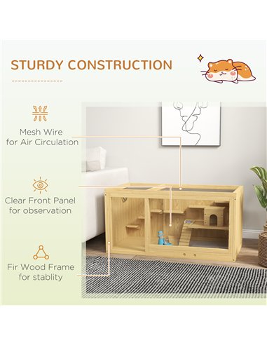 PawHut Wooden Hamster Cage with Water Bottle, Platforms, Openable Roof, Sliding Tray, Hut, Seesaws, Natural Wood Finish