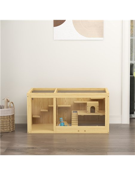 PawHut Wooden Hamster Cage with Water Bottle, Platforms, Openable Roof, Sliding Tray, Hut, Seesaws, Natural Wood Finish - pic 158755 | FastDaddyshop