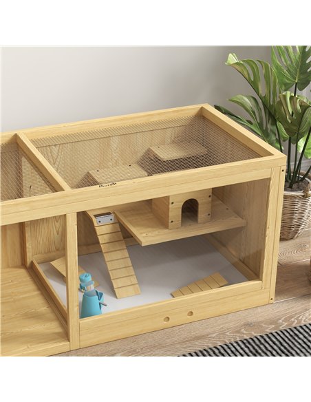 PawHut Wooden Hamster Cage with Water Bottle, Platforms, Openable Roof, Sliding Tray, Hut, Seesaws, Natural Wood Finish - pic 158756 | FastDaddyshop
