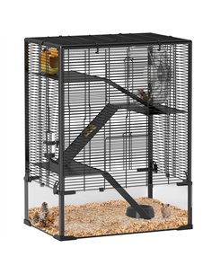 PawHut 4 Tiers Hamster Cage with Deep Tempered Glass Bottom, Hut, Running Wheel, Food Dish, Water Bottle, 60 x 40 x 80cm