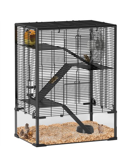 PawHut 4 Tiers Hamster Cage with Deep Tempered Glass Bottom, Hut, Running Wheel, Food Dish, Water Bottle, 60 x 40 x 80cm - pic 158757 | FastDaddyshop