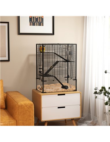 PawHut 4 Tiers Hamster Cage with Deep Tempered Glass Bottom, Hut, Running Wheel, Food Dish, Water Bottle, 60 x 40 x 80cm