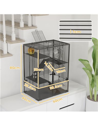 PawHut 4 Tiers Hamster Cage with Deep Tempered Glass Bottom, Hut, Running Wheel, Food Dish, Water Bottle, 60 x 40 x 80cm