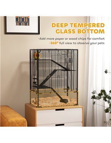 PawHut 4 Tiers Hamster Cage with Deep Tempered Glass Bottom, Hut, Running Wheel, Food Dish, Water Bottle, 60 x 40 x 80cm