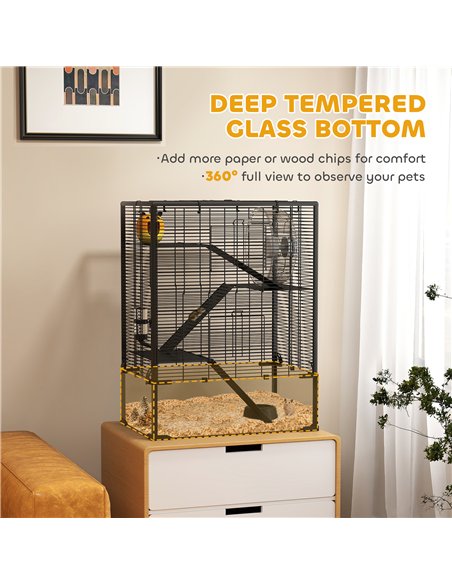 PawHut 4 Tiers Hamster Cage with Deep Tempered Glass Bottom, Hut, Running Wheel, Food Dish, Water Bottle, 60 x 40 x 80cm - pic 158760 | FastDaddyshop