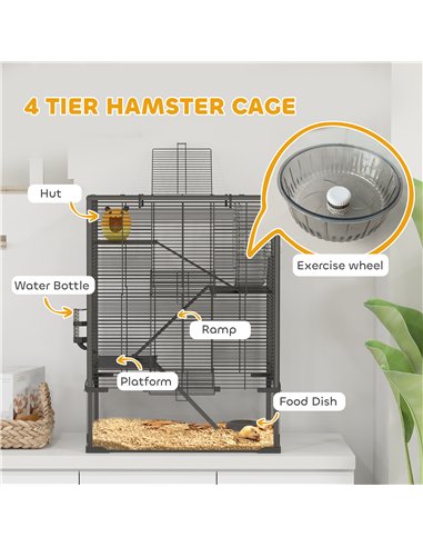 PawHut 4 Tiers Hamster Cage with Deep Tempered Glass Bottom, Hut, Running Wheel, Food Dish, Water Bottle, 60 x 40 x 80cm