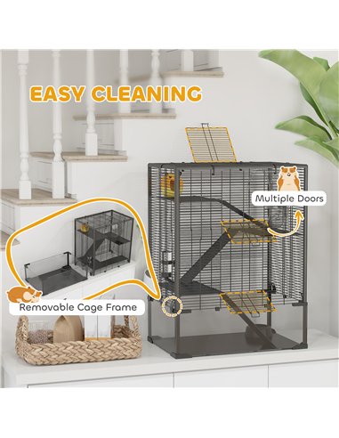 PawHut 4 Tiers Hamster Cage with Deep Tempered Glass Bottom, Hut, Running Wheel, Food Dish, Water Bottle, 60 x 40 x 80cm