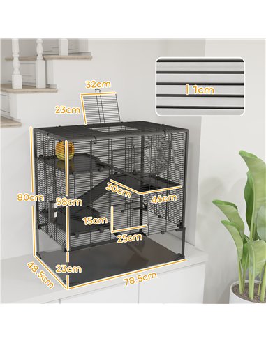 PawHut 4 Tiers Hamster Cage with Deep Tempered Glass Bottom, Hut, Running Wheel, Food Dish, Water Bottle, 78.5 x 48.5 x 80cm