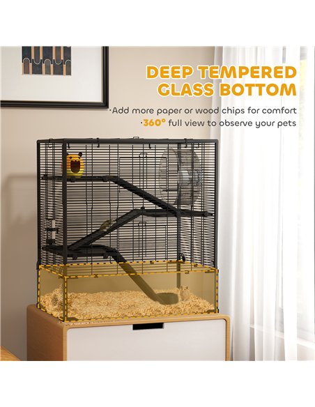 PawHut 4 Tiers Hamster Cage with Deep Tempered Glass Bottom, Hut, Running Wheel, Food Dish, Water Bottle, 78.5 x 48.5 x 80cm - pic 158769 | FastDaddyshop