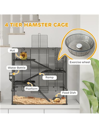 PawHut 4 Tiers Hamster Cage with Deep Tempered Glass Bottom, Hut, Running Wheel, Food Dish, Water Bottle, 78.5 x 48.5 x 80cm