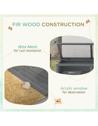 PawHut Wooden Hamster Cage with Sliding Tray, Openable Top, Hut for Syrian Hamster, Grey